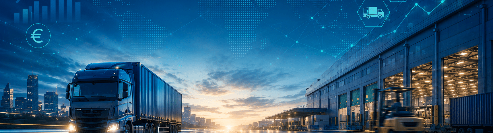 Digital vernetzte Logistikzentren bei Sonnenaufgang als Symbol für den digitalisierten Speditionsvertrieb 2026